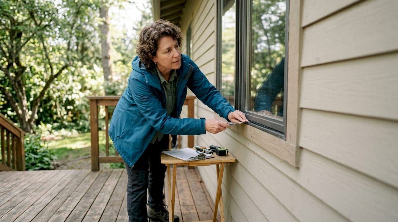 Home inspector checking window seal condition