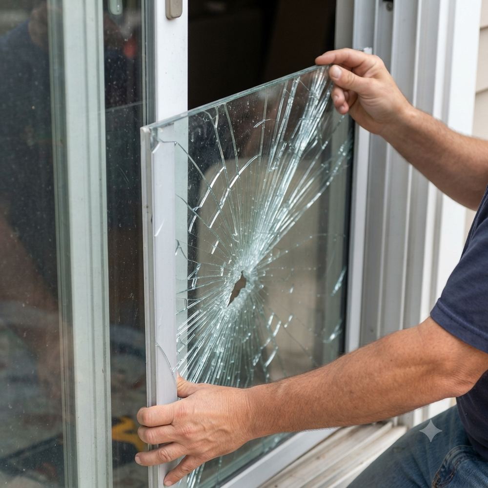 Broken patio door glass before repair