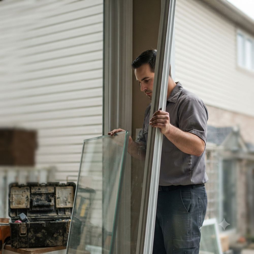 Alumwave technician fitting patio door glass
