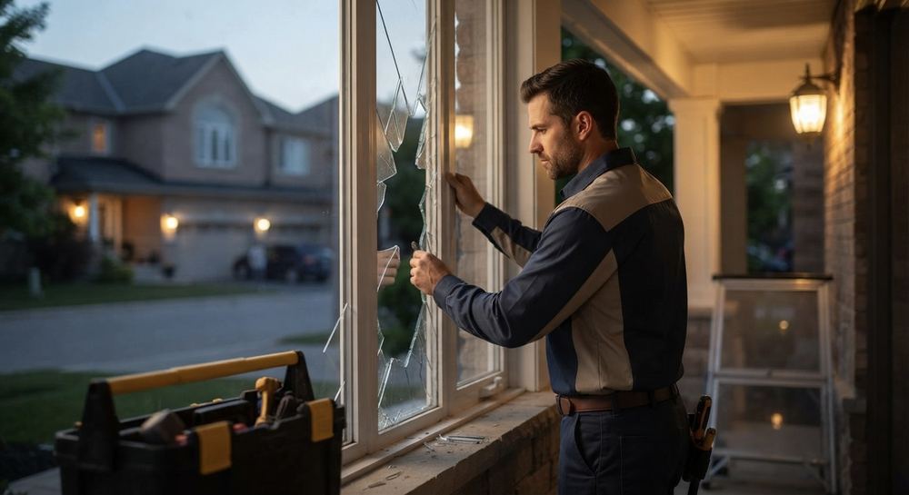 Alumwave technician performing emergency window repair at night