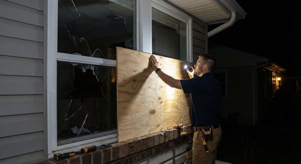 After-hours window board-up at night